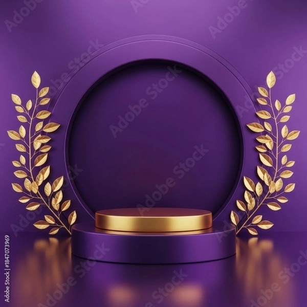 Obraz A luxurious purple and gold circular podium with golden leaf accents ideal for product display or presentation