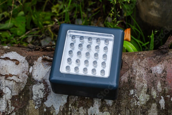 Obraz Rectangular LED light panel with 25 bulbs placed on tree trunk outdoors.