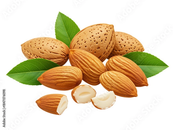 Fototapeta Almonds with leaves and shells closeup on a natural background