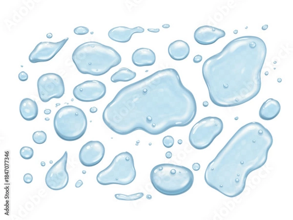 Fototapeta Blue water drops splashing on a clean white background in a soft and playful design