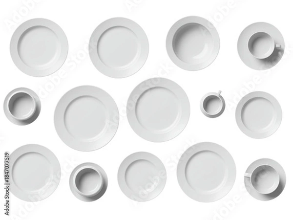 Fototapeta A simple round white ceramic plate and bowl with a clean modern metallic style design