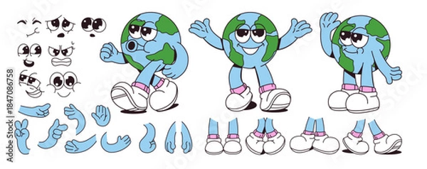 Fototapeta Cartoon Earth mascot character kit with multiple facial expressions, arms, and leg poses on white background. Concept of customization. Vector illustration