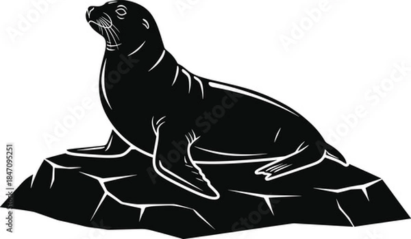 Obraz Black seal sitting on rock white animal seal, black, white, rock, animal, mammal, marine, wildlife, silhouette, cartoon, monochrome, simple, line symbol, marine life, ocean, sea, sitting, viewed, turn