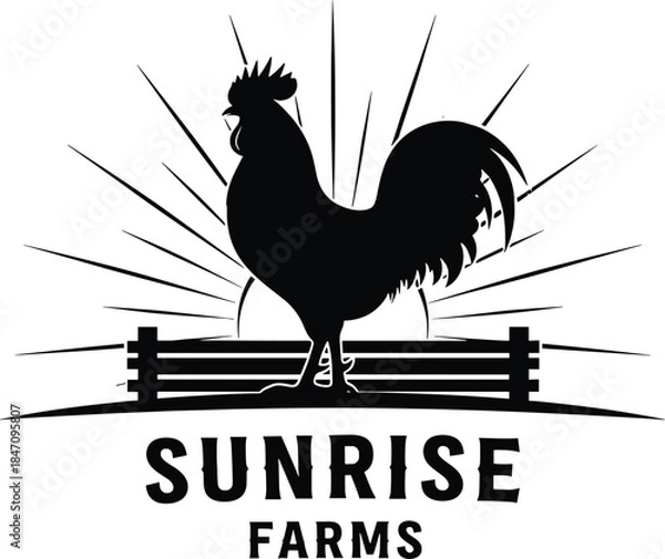 Obraz Black silhouette rooster standing on fence with sunburst rooster, silhouette, fence, sunburst, farm, sunrise, black, white, animal, bird, agriculture, rural, morning, rays, lines, symbol, standing, be
