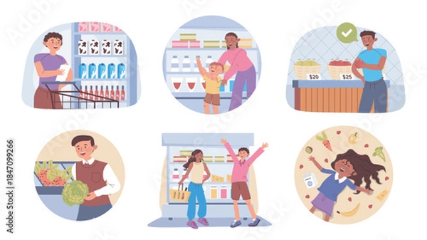 Obraz Grocery shopping concept set for web design. Collection with cartoon people doing purchases at supermarket, choosing food products at shelves of different store departments. Vector illustration.