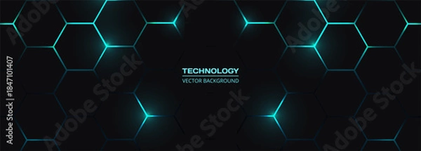 Obraz Dark hexagon abstract technology background with blue colored bright flashes under hexagon. Hexagonal gaming vector tech wide illustration.