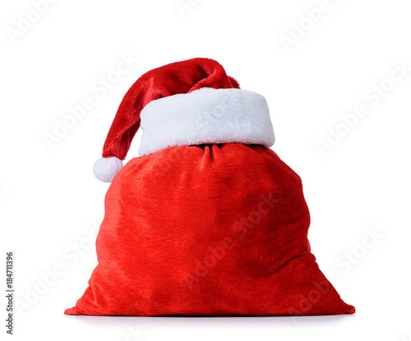 Fototapeta Santa Claus's red hat and bag full, on white background. File contains a path to isolation 