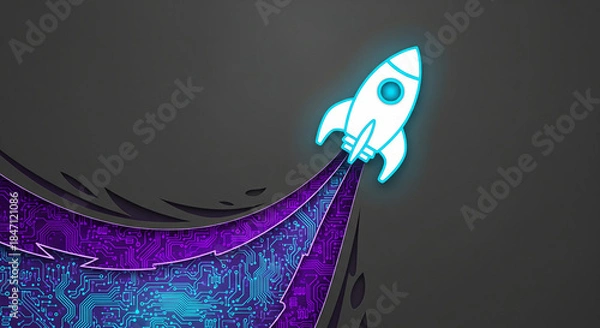 Fototapeta Glowing Rocket Launch from Circuit Board: Technology, Start-up, Innovation, Digital Future