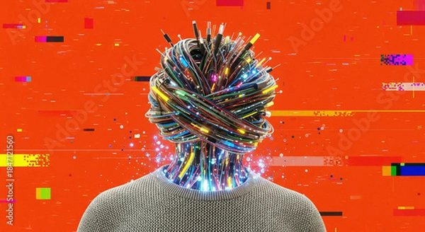 Fototapeta AI, Digital Identity & Data Overload Concept: Human with Glowing Wires & Fiber Optics Head on Glitched Orange Background