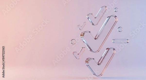 Fototapeta Abstract Glass Check marks on Gradient Background - Modern 3D Render of Success and Completion Icons