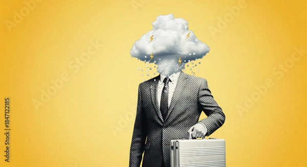 Fototapeta Businessman with Storm Cloud Head, Lightning, and Data Rain: Business Stress & Overload Concept