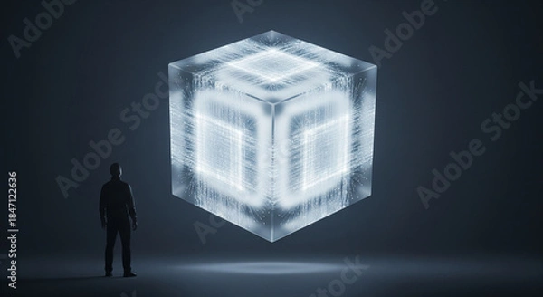 Fototapeta Man Observing Futuristic Glowing Data Cube: AI, Big Data, and Quantum Computing Concept in a Dark, Mysterious Setting.