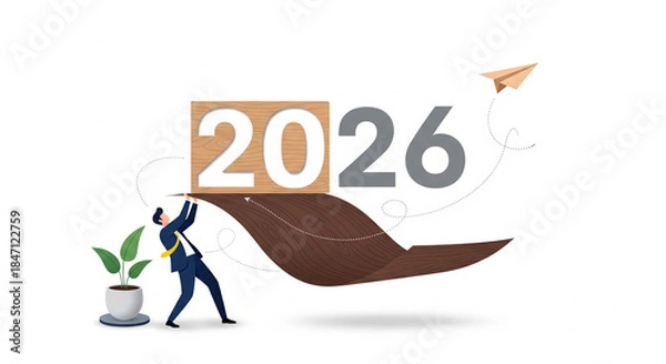 Fototapeta Businessman Pushing 2026, New Year Goals, Future Aspirations, Business Challenge, Annual Planning