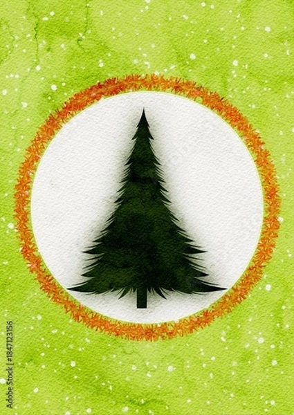 Fototapeta christmas tree encircled by red garland with snowfall in the background