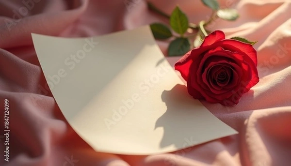Fototapeta Red rose and blank paper on soft pink fabric background  