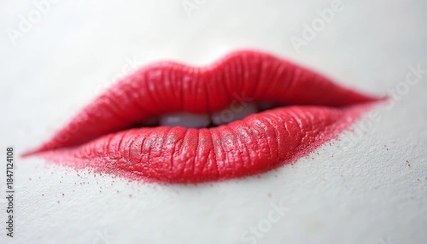 Fototapeta Close-up of red lips with lipstick on soft white background  