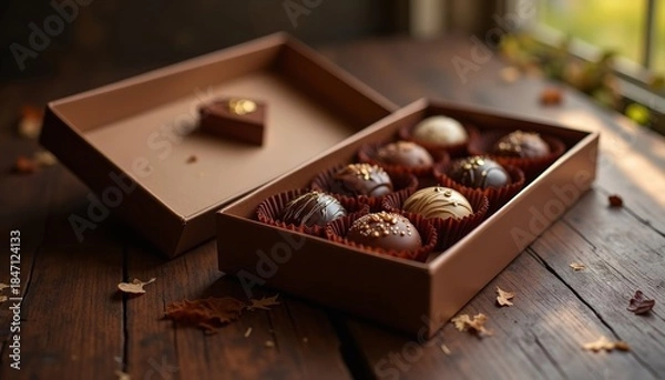 Fototapeta Chocolate truffles in brown box on wooden table with autumn leaves  