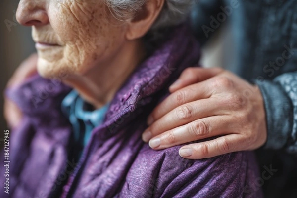 Obraz Caregiver's Hand Gently Resting on an Elderly Woman's Shoulder