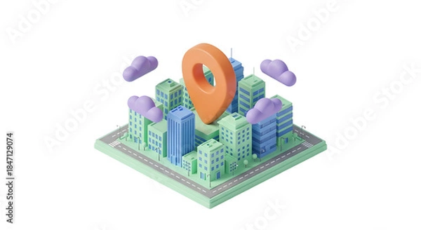 Obraz A 3d isometric cityscape with a large orange location pin