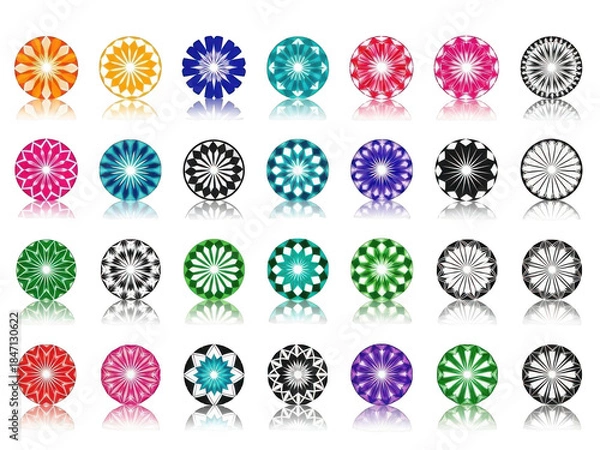 Fototapeta Collection of colorful round ornaments with reflection