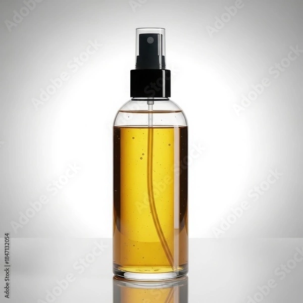 Obraz Clear glass spray bottle containing golden yellow liquid, set on a reflective surface in a studio setting