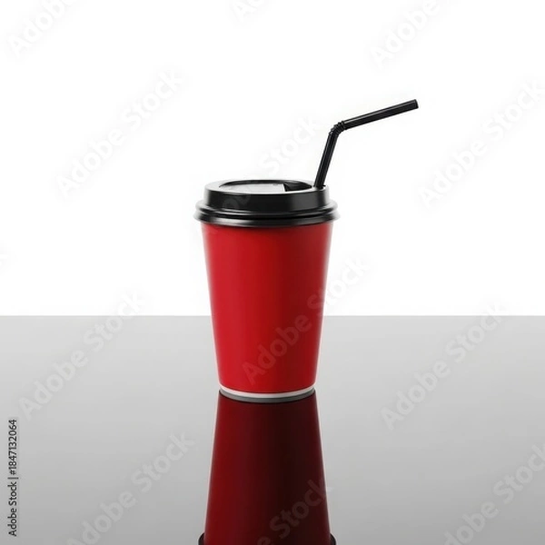 Obraz A bright red paper cup with black lid and straw for coffee or cold drinks isolated on a reflective surface