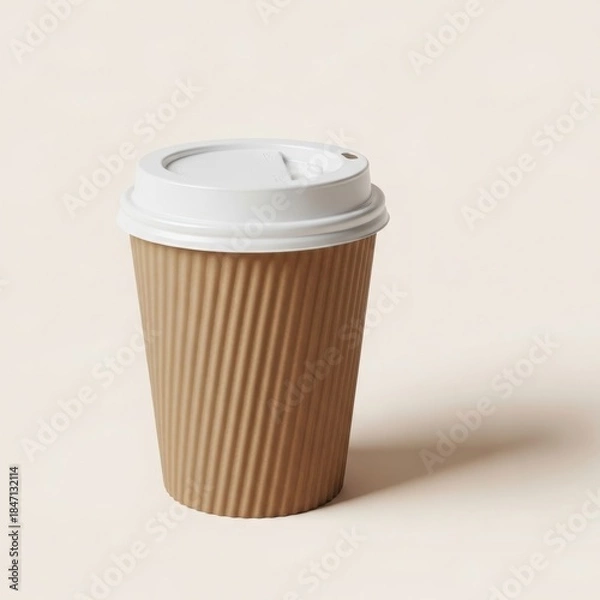 Obraz A brown corrugated paper coffee cup with a white lid standing against a plain beige background in a minimalist studio shot