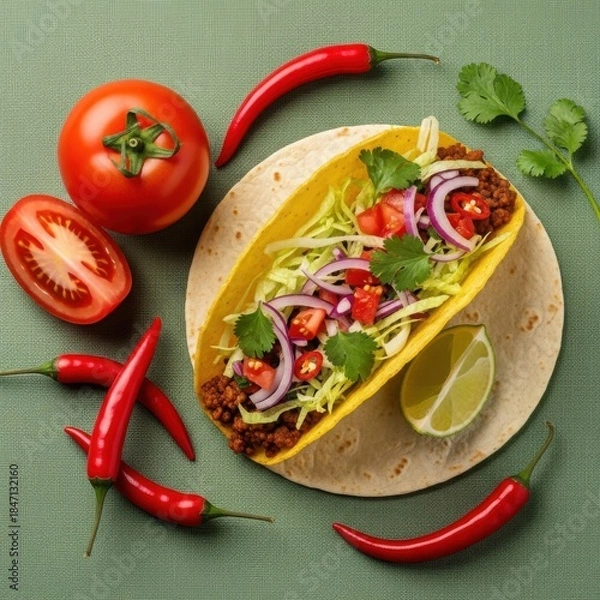 Obraz A hard shell taco filled with fresh vegetables and seasoned ground meat, surrounded by spicy chili peppers and lime.