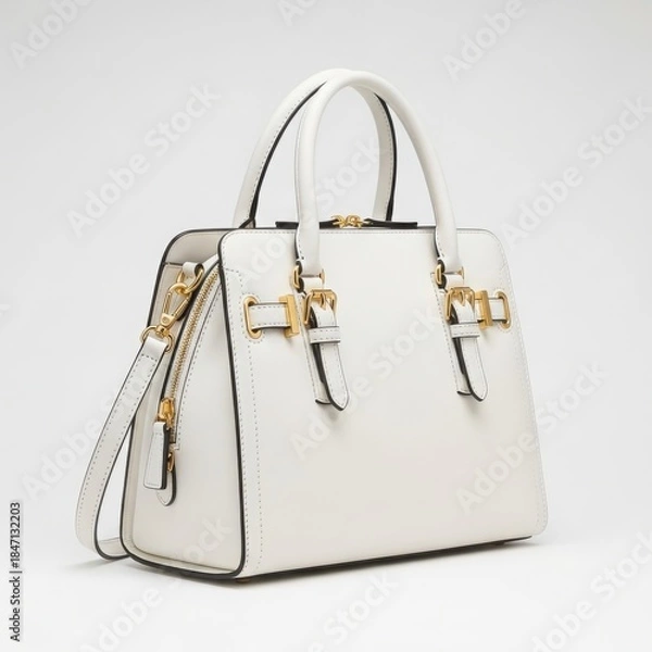 Obraz A modern and elegant white structured handbag featuring contrasting black trim and gold-tone hardware