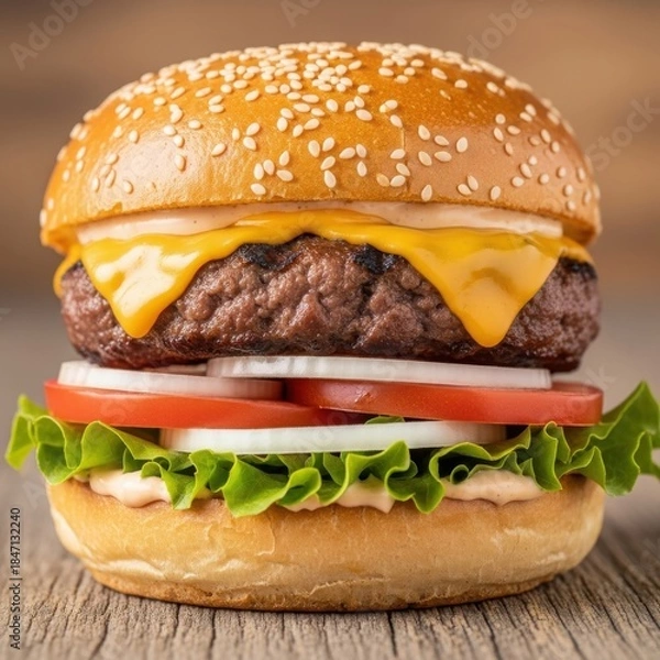 Obraz A perfectly stacked, juicy hamburger with melted cheese, fresh vegetables, and a sesame seed bun on a rustic wooden table