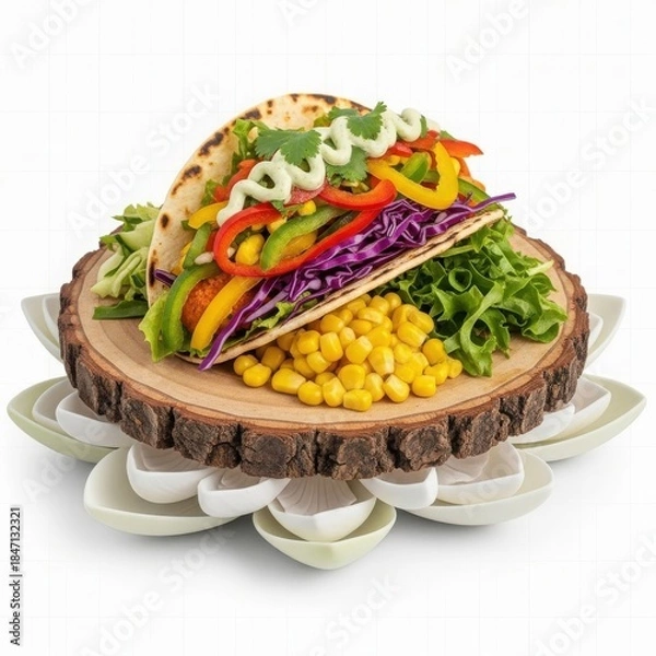 Obraz Vibrant and fresh vegetable taco served on a natural wooden board against a clean white background