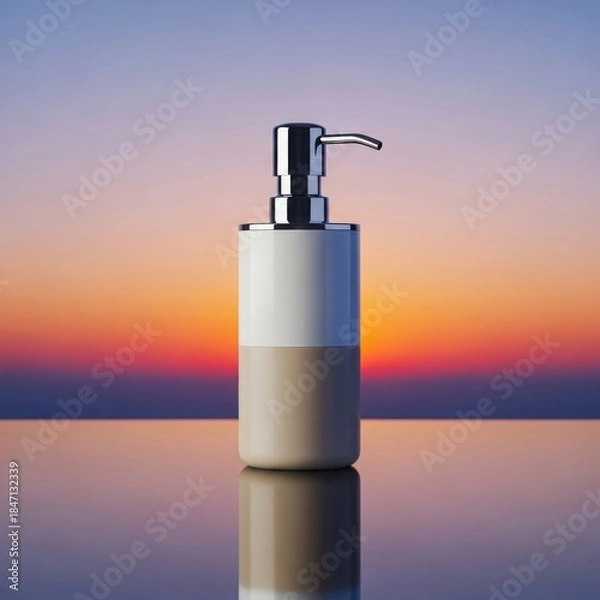 Obraz A modern two-tone soap dispenser with chrome pump against a vibrant sunset reflection on a clean surface