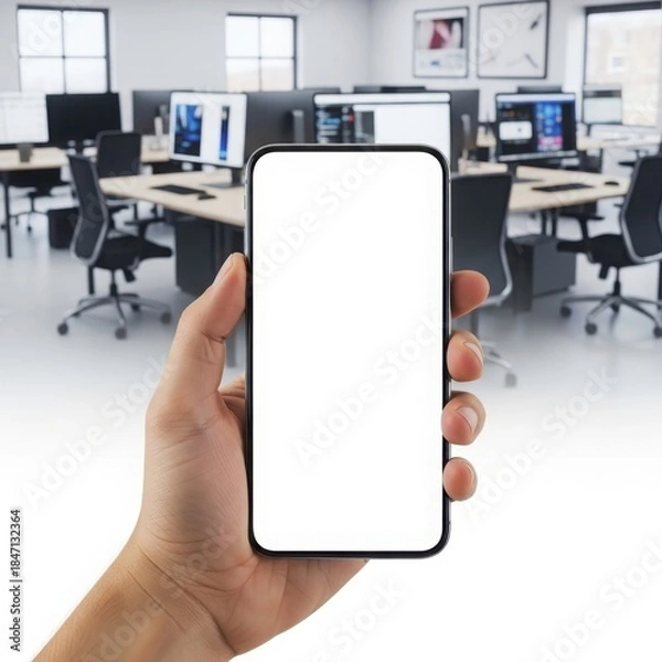 Obraz A person's hand holding a vertical smartphone with a blank white screen against a blurred modern office background