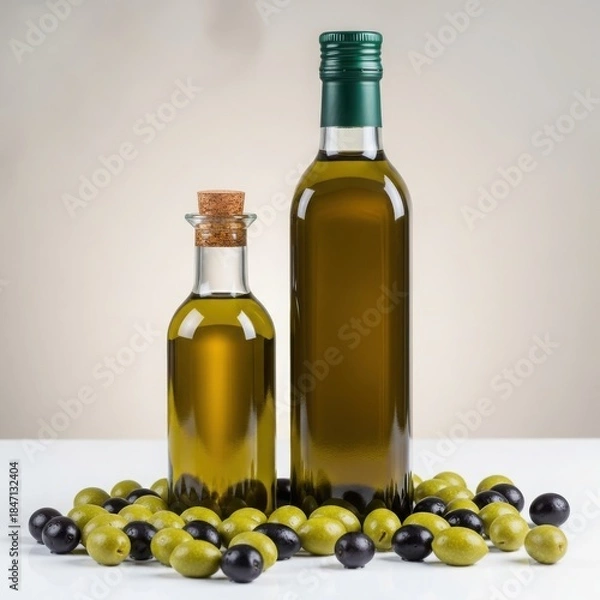 Obraz A studio shot showing two glass bottles of extra virgin olive oil next to green and black olives