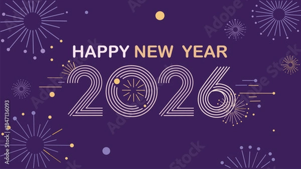 Fototapeta Vibrant Happy New Year 2026 greeting card design featuring festive fireworks and stylized numbers on a cheerful purple background for celebration