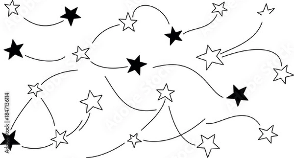 Fototapeta Whimsical handdrawn black and white stars connected by lines creating an abstract network pattern ideal for graphic design projects