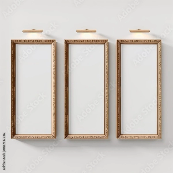 Obraz Three empty frames on a wall arranged in a straight line with no artwork inside