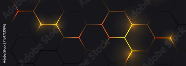 Obraz Black and yellow hexagonal technology vector abstract background. Yellow bright energy flashes under hexagon in modern technology futuristic wide banner illustration. Dark honeycomb texture grid.