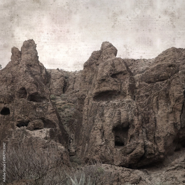 Obraz textured stylish old paper background, square, with landscape of central Gran Canaria, route to Ventana de Bentayga