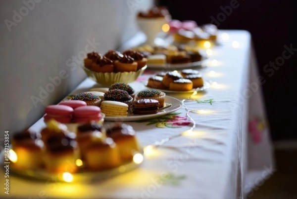 Obraz Assorted desserts on decorated table with string lights