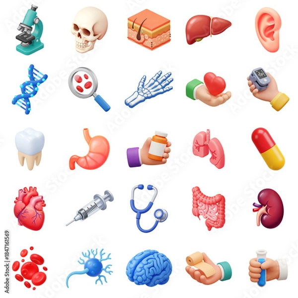 Fototapeta 3D medical icons collection showing human anatomy organs, healthcare equipment, diagnostic tools for medicine education design