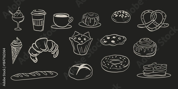 Obraz Hand drawn bakery and coffee set with desserts, bread, donuts, croissants, pretzels, and hot drinks. Perfect for menu design, branding, and bakery packaging. Vector illustration.