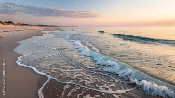 Obraz Tranquil beach landscape with gentle waves at sunset  