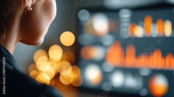 Obraz Young woman observes data visualizations on computer screen