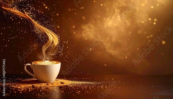 Obraz ダークブラウンとゴールドのグラデーション背景に、柔らかな光粒子が浮遊する高級感ある映像。
画面下部に配置されたラテカップが、上質なカフェやブランド広告の世界観を演出します。