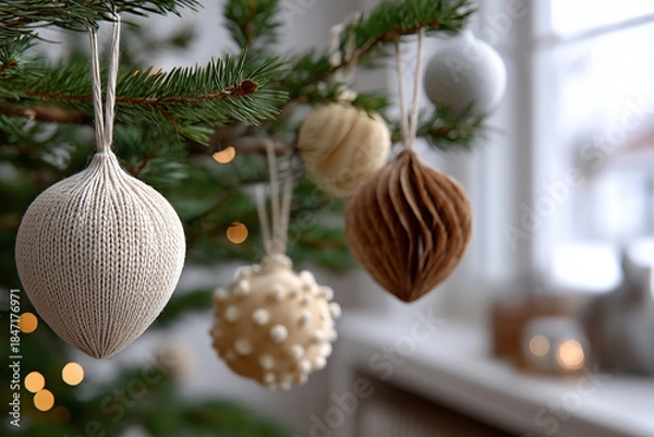 Obraz Decorative ornaments hang from a Christmas tree. The ornaments are in various shapes and colors, including white, beige, and brown. Soft lighting creates a warm atmosphere.