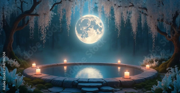 Obraz Tranquil Moonlit Pond for Mindfulness Meditation and Inner Peace - AI generated