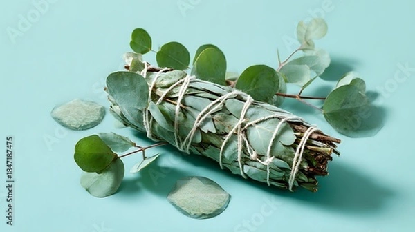 Obraz Eucalyptus smudge bundle with loose leaves on blue background