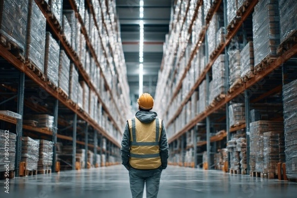 Fototapeta Warehouse Worker in Large Storage Facility