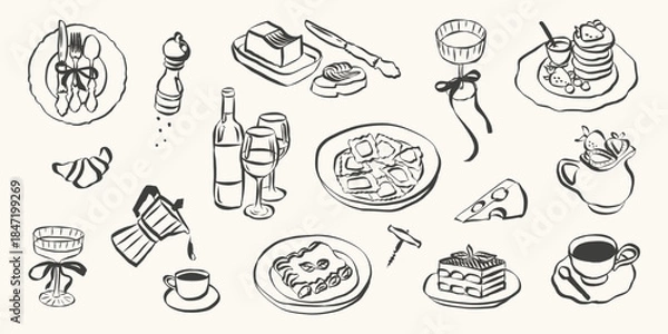 Fototapeta Italian food set in hand drawn whimsical style. Quirky chalk doodles of breakfast and dinner meals. Crayon drawing for menus and invitations. La dolce vita outline vector illustration